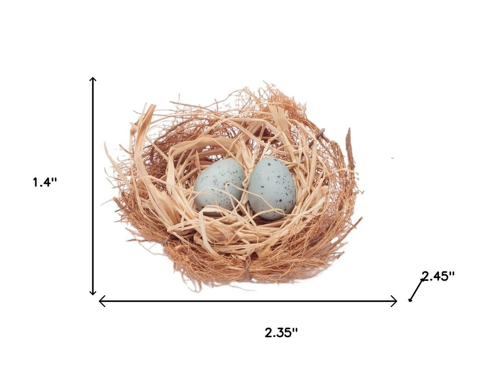 Set of Eight Brown And Blue Decorative Birds Nests With Eggs Sculptures
