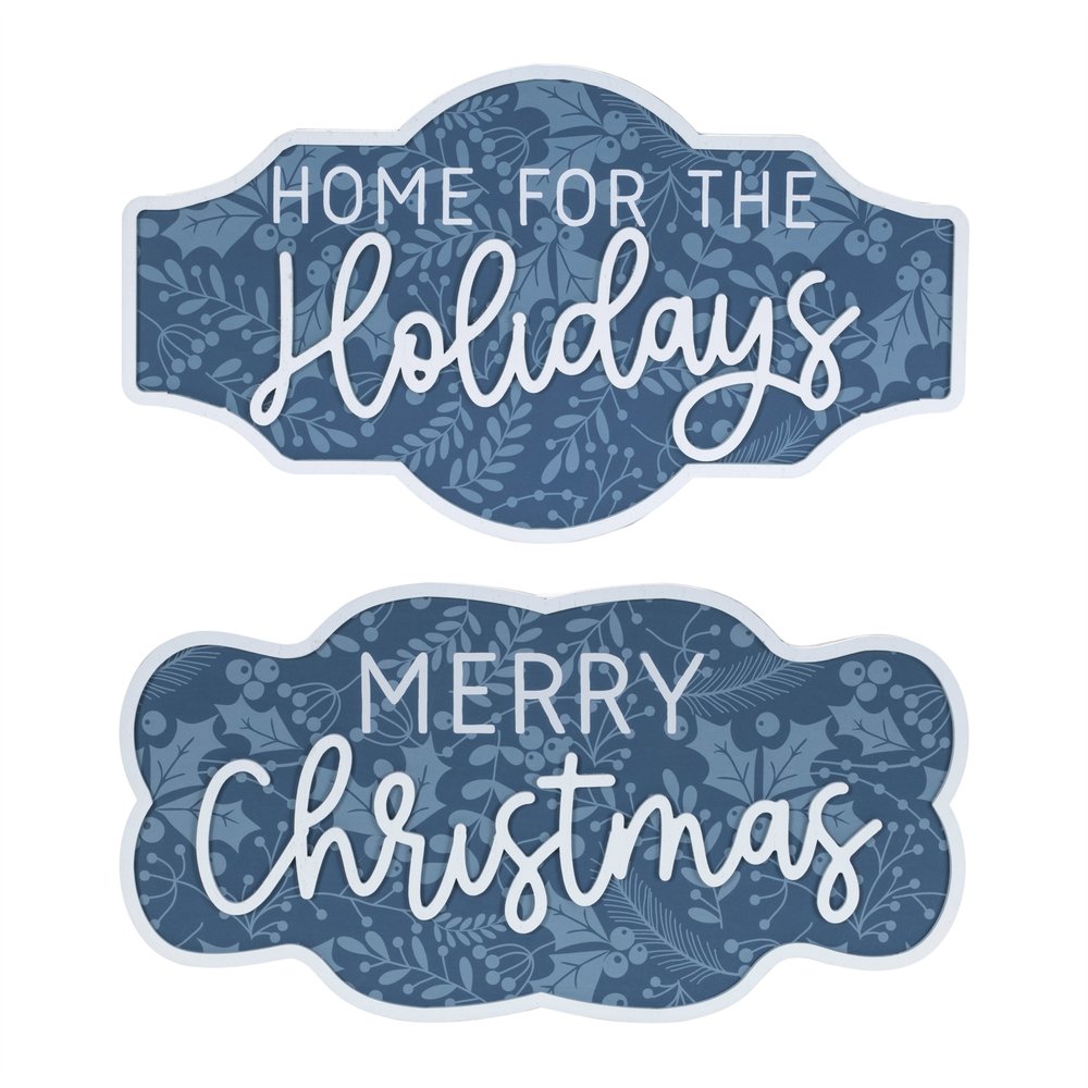 Set of Two Blue And White Christmas Home For The Holidays Wood Wall Decor