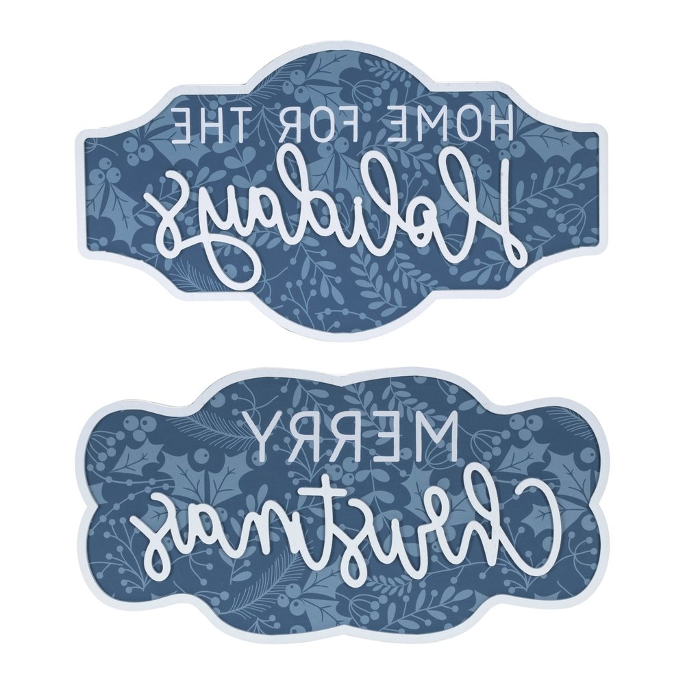 Set of Two Blue And White Christmas Home For The Holidays Wood Wall Decor