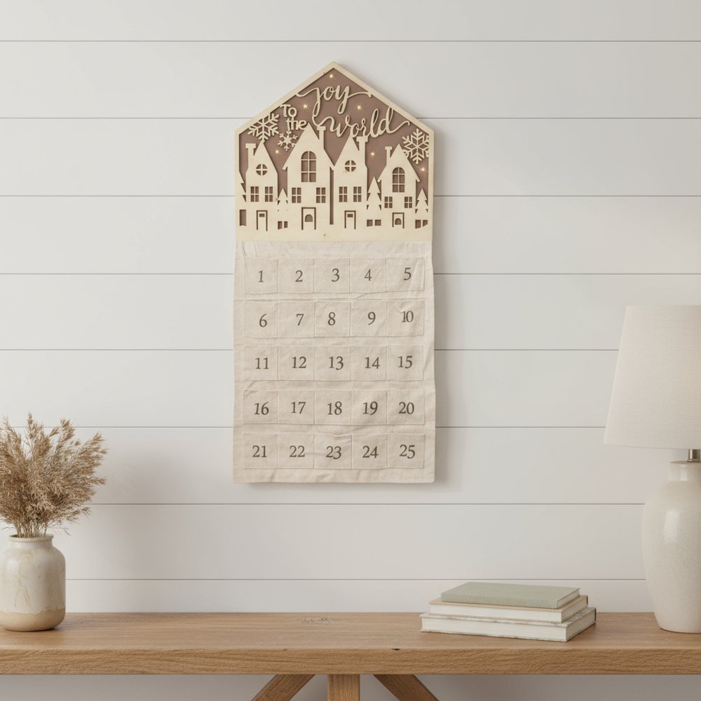 35" X 17" Beige Christmas Advent Calendar Joy to the World Wood Hanging Wall Decor