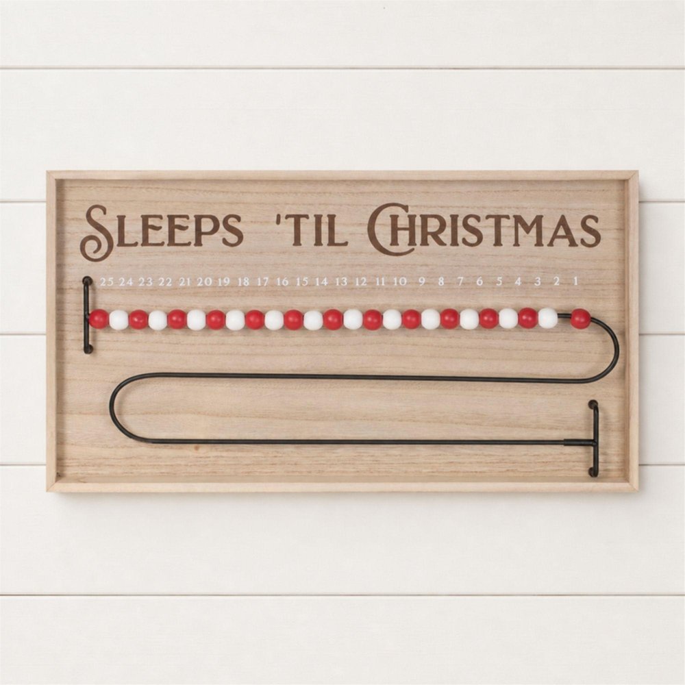 11" X 20" Natural And Red  Wood Sleeps 'Til Christmas Advent Calendar Hanging Wall Decor