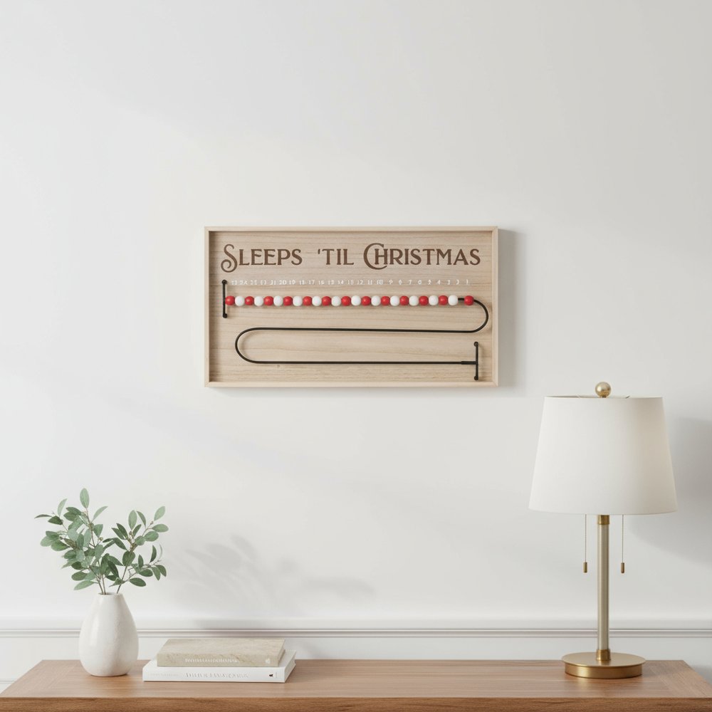 11" X 20" Natural And Red  Wood Sleeps 'Til Christmas Advent Calendar Hanging Wall Decor