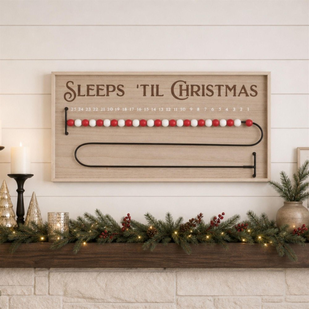 11" X 20" Natural And Red  Wood Sleeps 'Til Christmas Advent Calendar Hanging Wall Decor