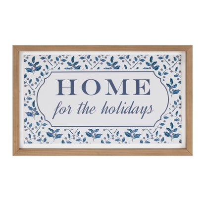 10" X 19" Blue And White Home For The Holidays Wood Framed Art
