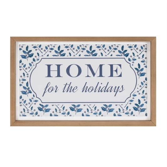 10" X 19" Blue And White Home For The Holidays Wood Framed Art