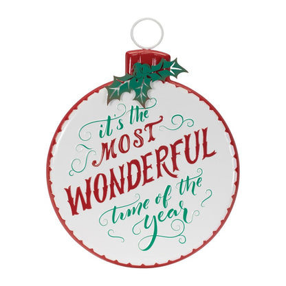 18" X 14" White Green And Red Metal Christmas Ball Hanging Wall Decor