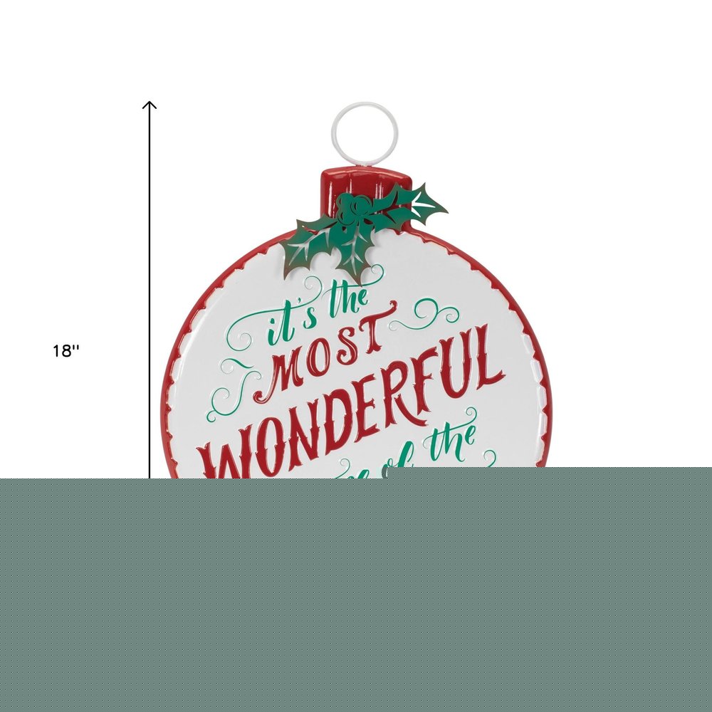 18" X 14" White Green And Red Metal Christmas Ball Hanging Wall Decor