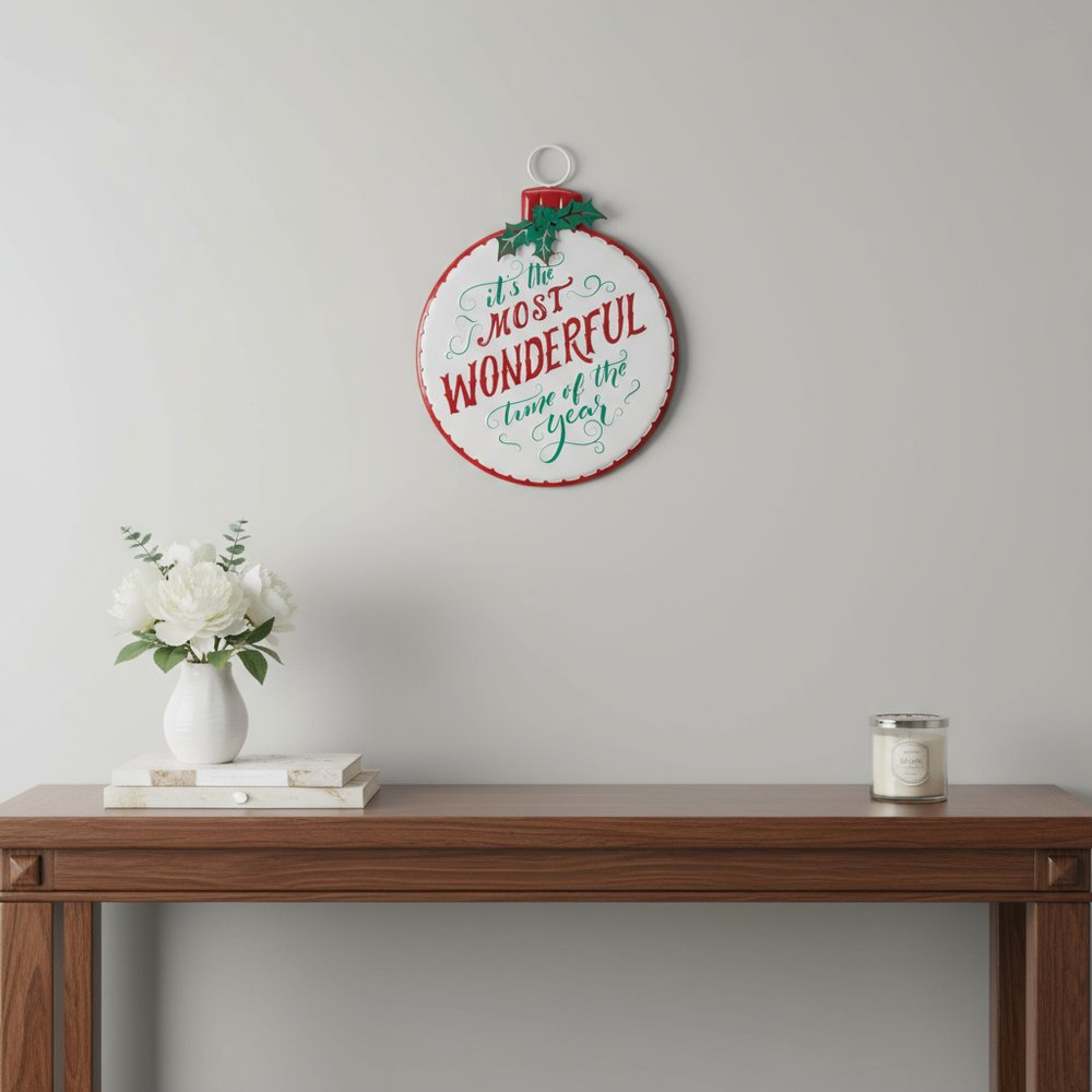 18" X 14" White Green And Red Metal Christmas Ball Hanging Wall Decor
