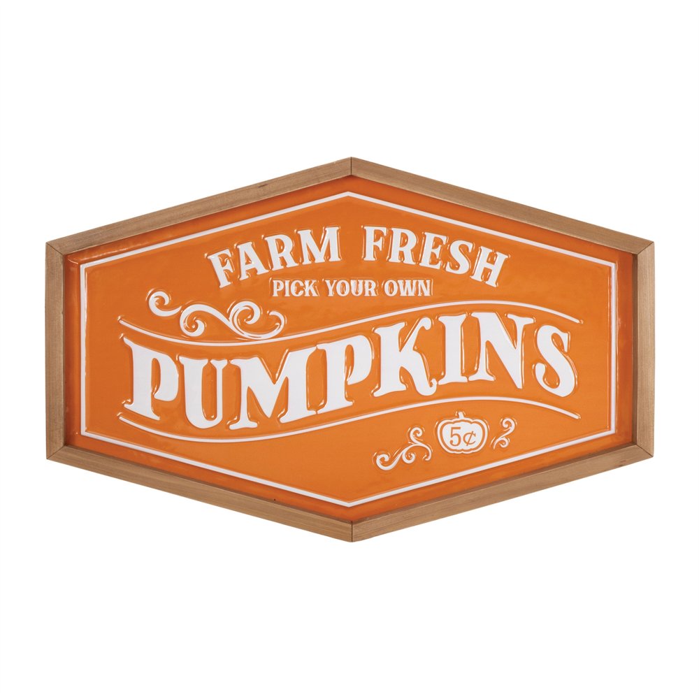 13" X 20" Orange And White Metal Farm Fresh Pumpkins Wall Decor