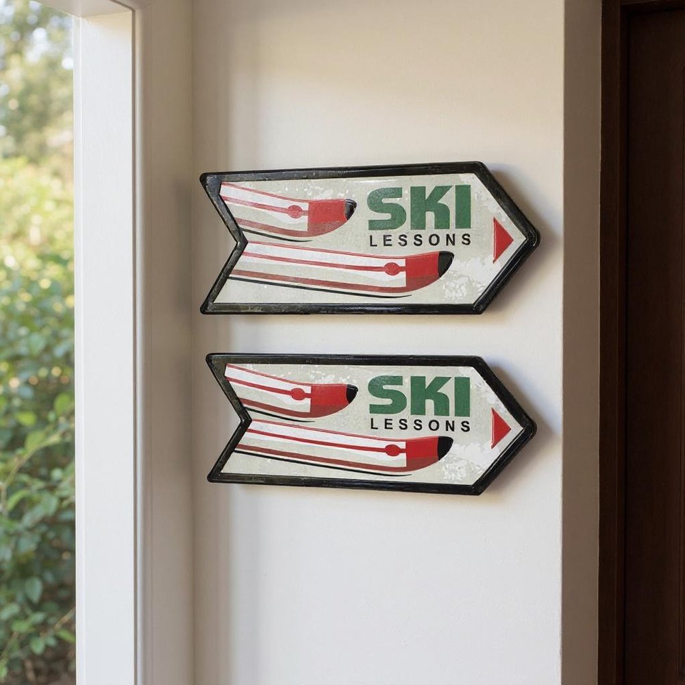 Set of Two Black Red And White Ski Lessons Metal Hanging Wall Decor