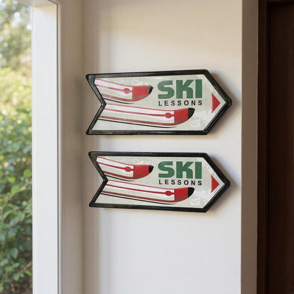 Set of Two Black Red And White Ski Lessons Metal Hanging Wall Decor