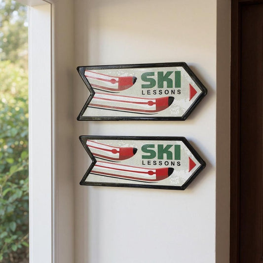 Set of Two Black Red And White Ski Lessons Metal Hanging Wall Decor