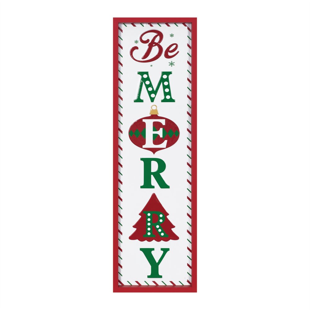 30" X 9" Green Red And White Christmas Be Merry Iron Hanging Wall Decor