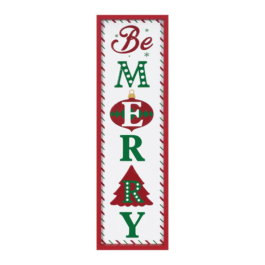 30" X 9" Green Red And White Christmas Be Merry Iron Hanging Wall Decor