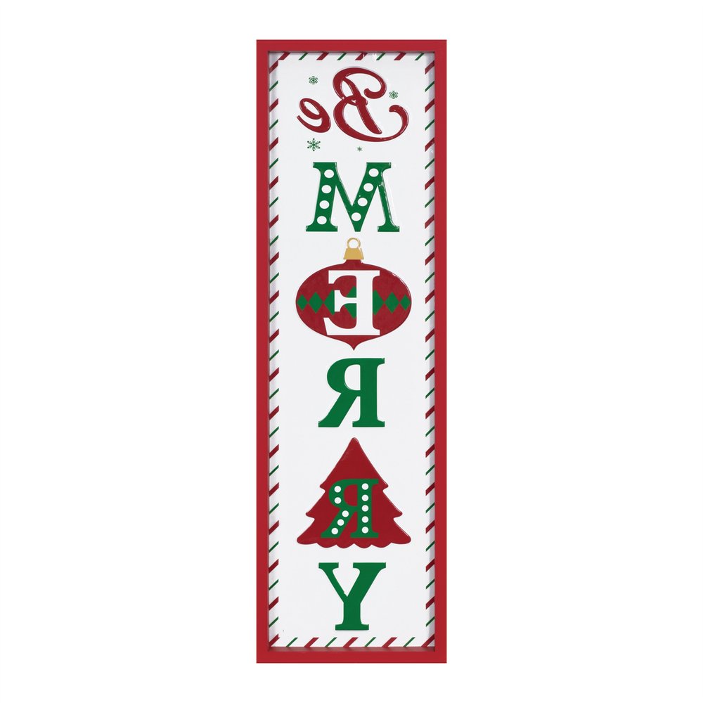 30" X 9" Green Red And White Christmas Be Merry Iron Hanging Wall Decor