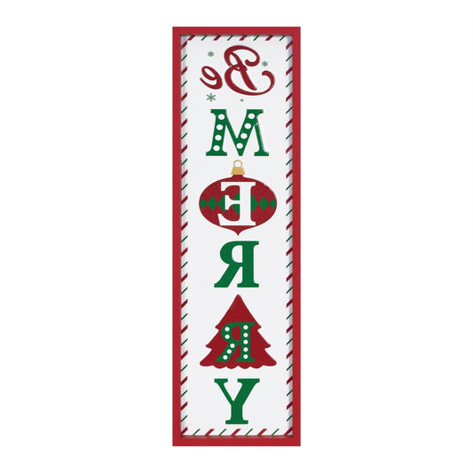 30" X 9" Green Red And White Christmas Be Merry Iron Hanging Wall Decor