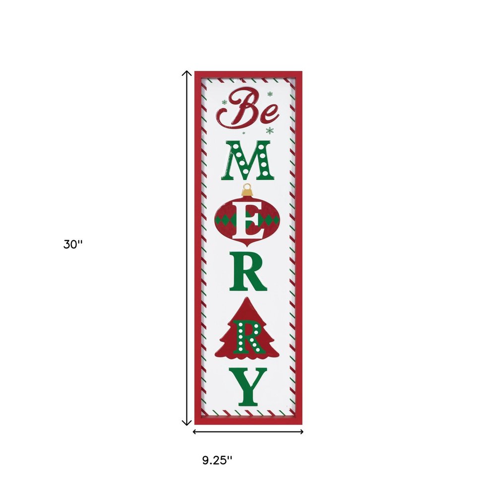 30" X 9" Green Red And White Christmas Be Merry Iron Hanging Wall Decor