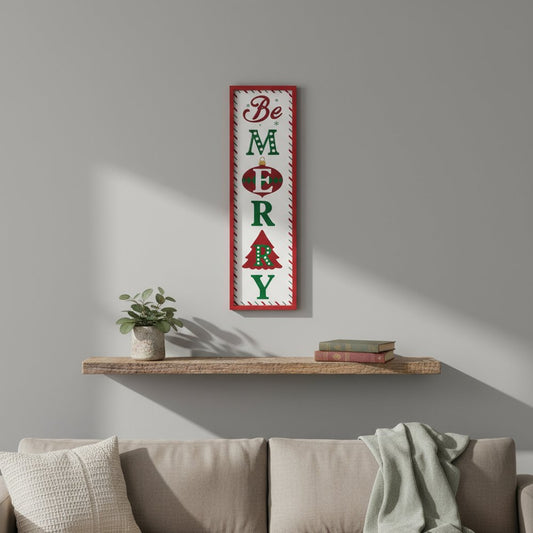 30" X 9" Green Red And White Christmas Be Merry Iron Hanging Wall Decor