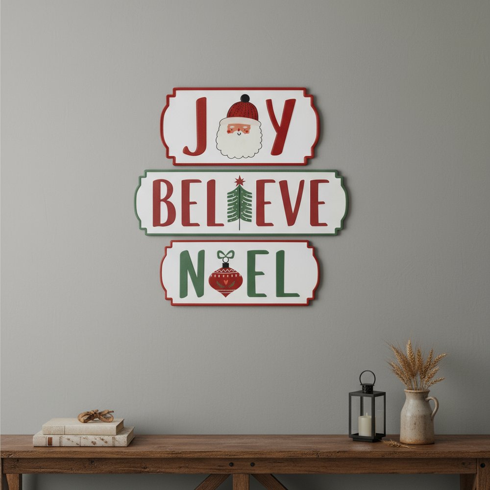 Set of Three White Green And Red Metal Christmas Hanging Text Wall Decor