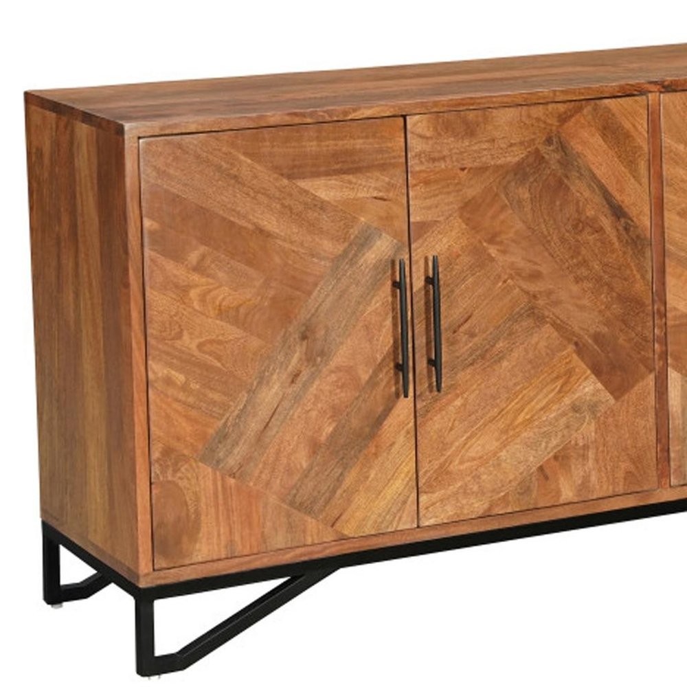 82" Brown Solid Wood Carved Geometric Sideboard with Four Doors