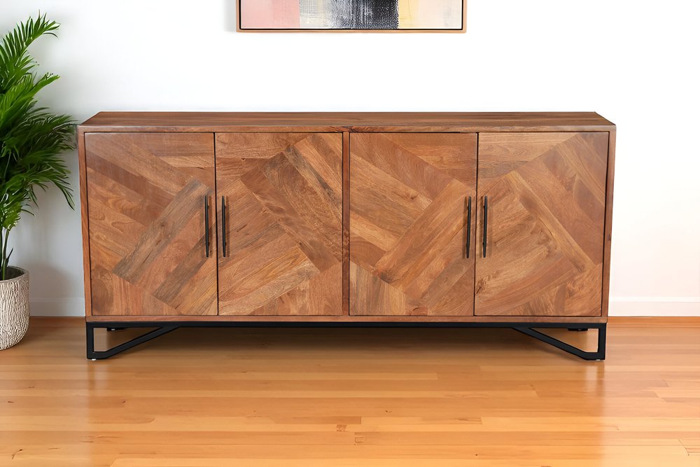82" Brown Solid Wood Carved Geometric Sideboard with Four Doors