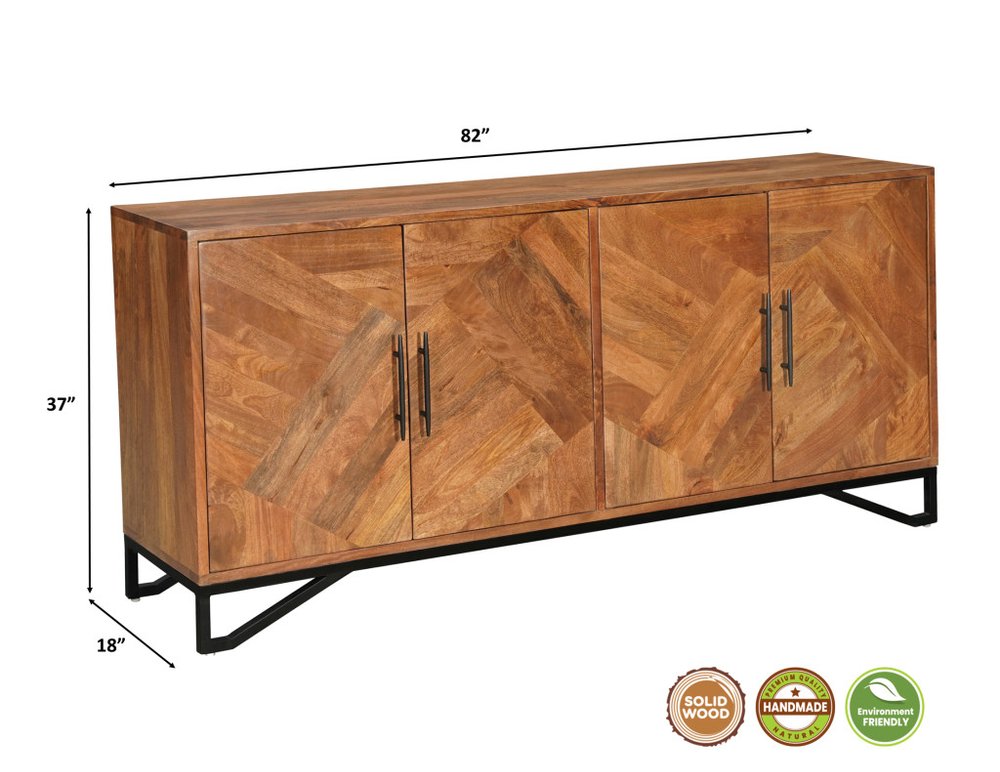 82" Brown Solid Wood Carved Geometric Sideboard with Four Doors