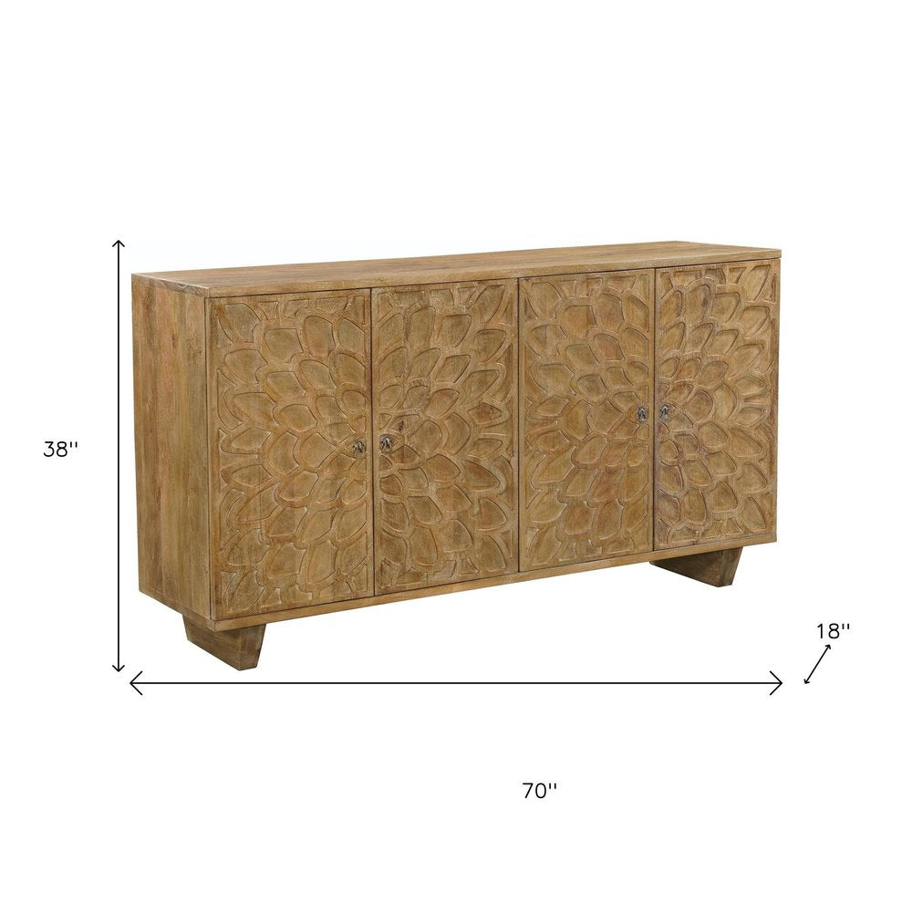 70" Brown Distressed Solid Wood Carved Floral Sideboard with Four Doors