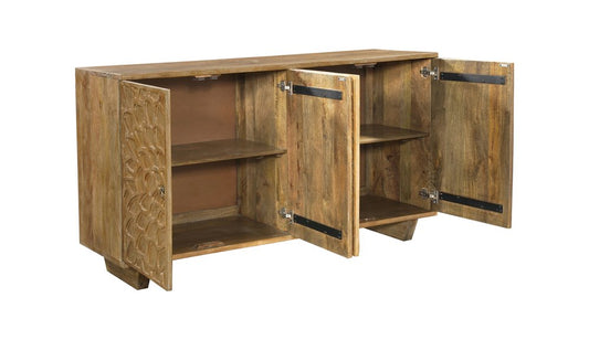 70" Brown Distressed Solid Wood Carved Floral Sideboard with Four Doors