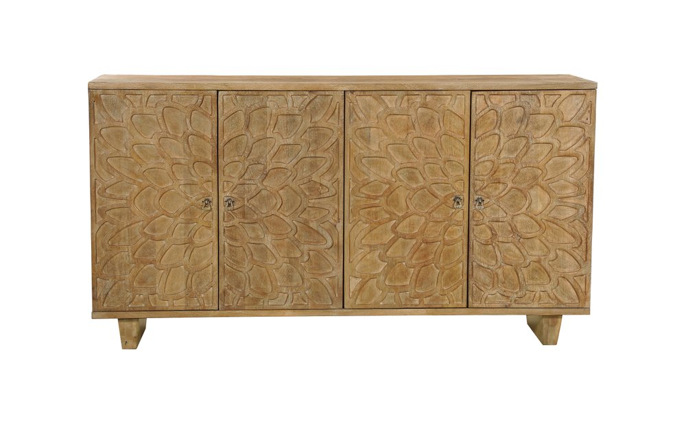 70" Brown Distressed Solid Wood Carved Floral Sideboard with Four Doors