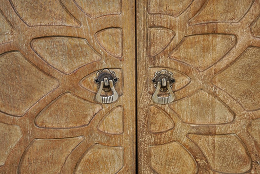 70" Brown Distressed Solid Wood Carved Floral Sideboard with Four Doors