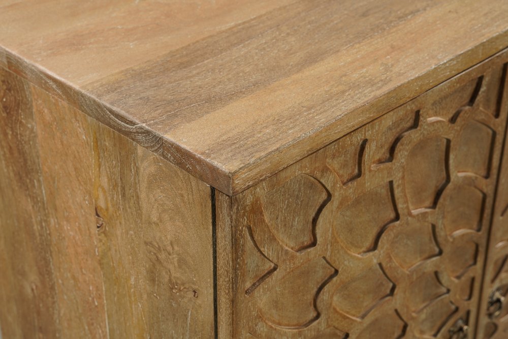 70" Brown Distressed Solid Wood Carved Floral Sideboard with Four Doors