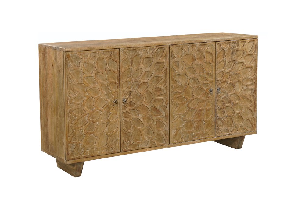 70" Brown Distressed Solid Wood Carved Floral Sideboard with Four Doors