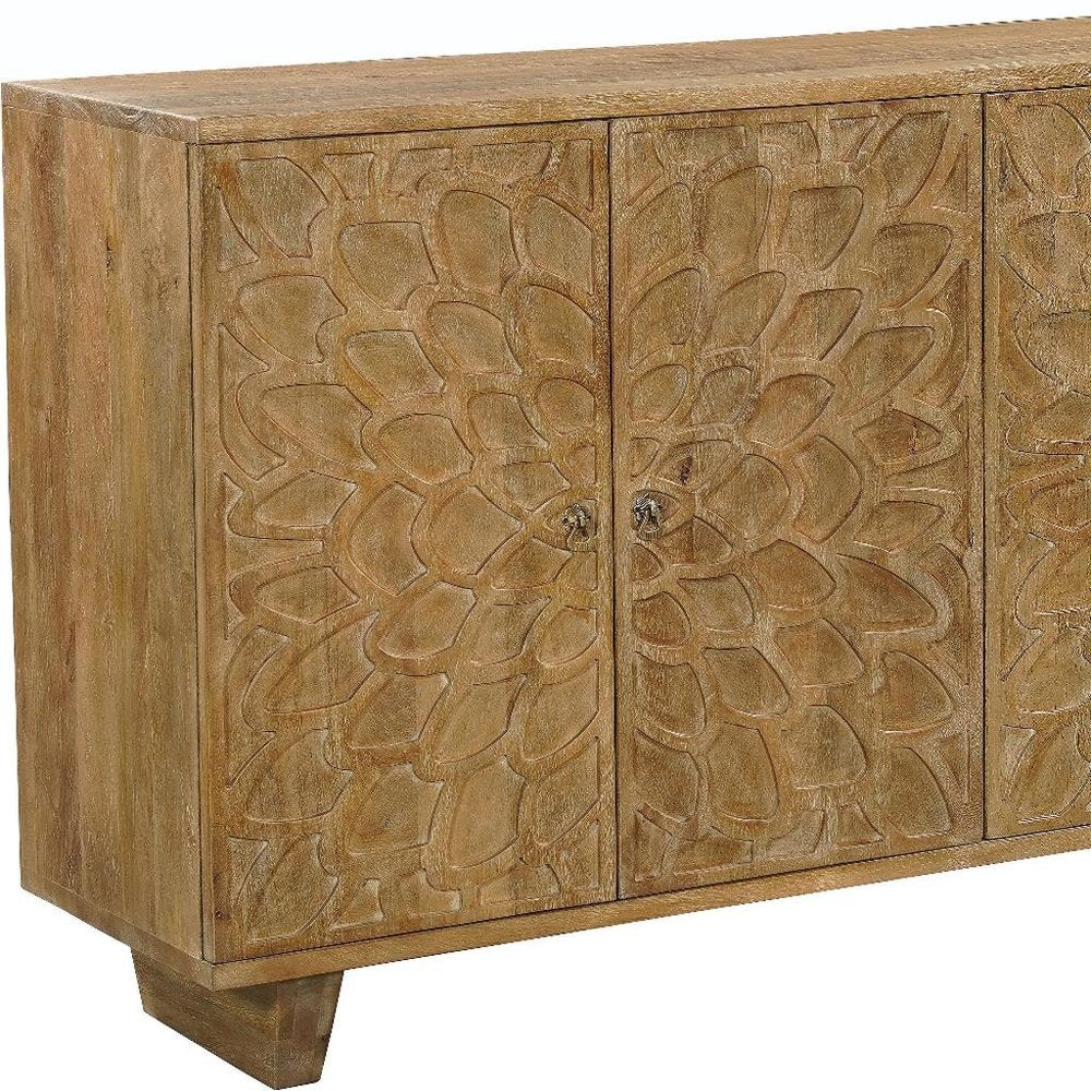 70" Brown Distressed Solid Wood Carved Floral Sideboard with Four Doors