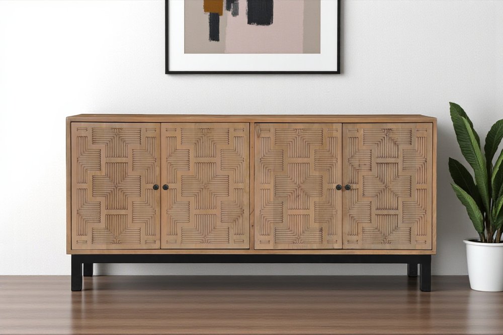 80" Brown Solid Wood Carved Geometric Sideboard with Four Doors