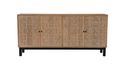 80" Brown Solid Wood Carved Geometric Sideboard with Four Doors