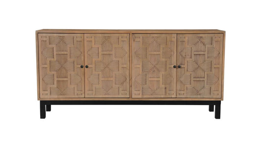 80" Brown Solid Wood Carved Geometric Sideboard with Four Doors
