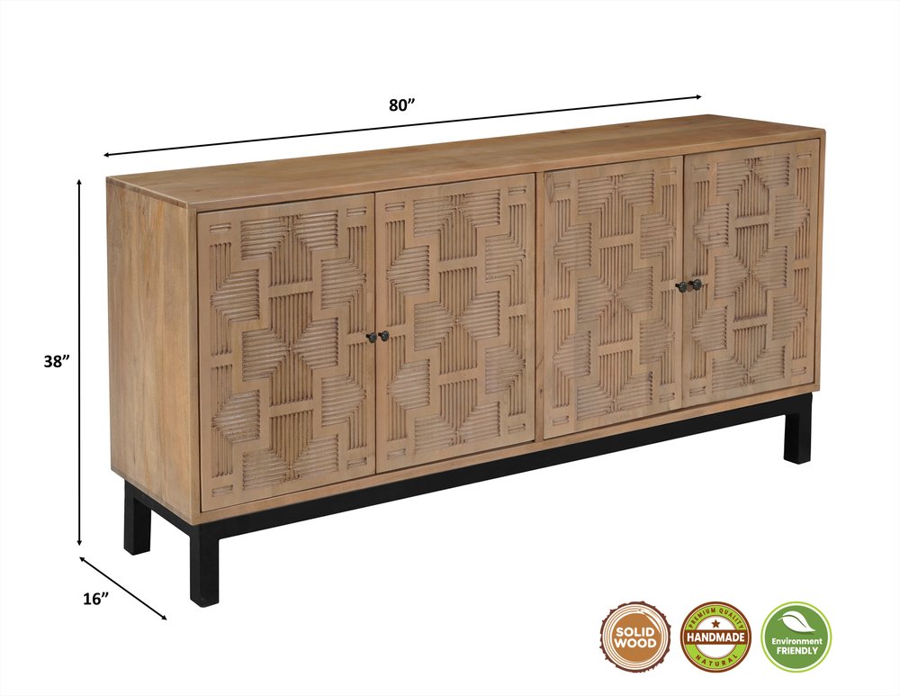 80" Brown Solid Wood Carved Geometric Sideboard with Four Doors