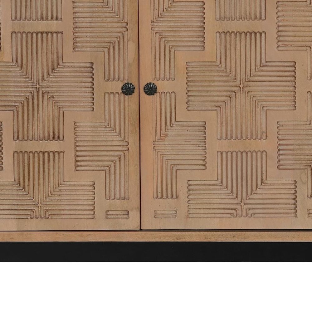 80" Brown Solid Wood Carved Geometric Sideboard with Four Doors