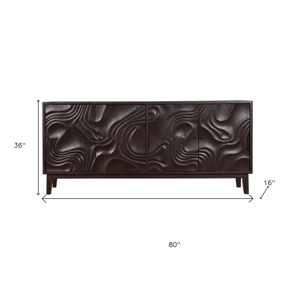 80" Dark Brown Solid Wood Carved Abstract Sideboard with Four Doors