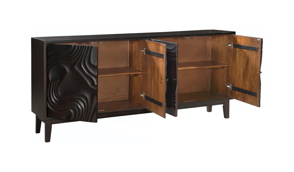 80" Dark Brown Solid Wood Carved Abstract Sideboard with Four Doors