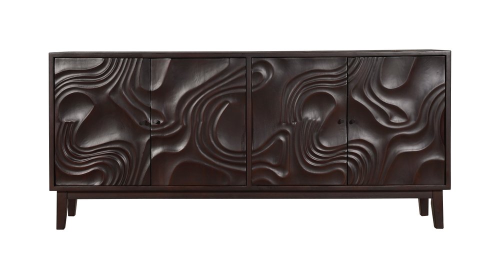 80" Dark Brown Solid Wood Carved Abstract Sideboard with Four Doors