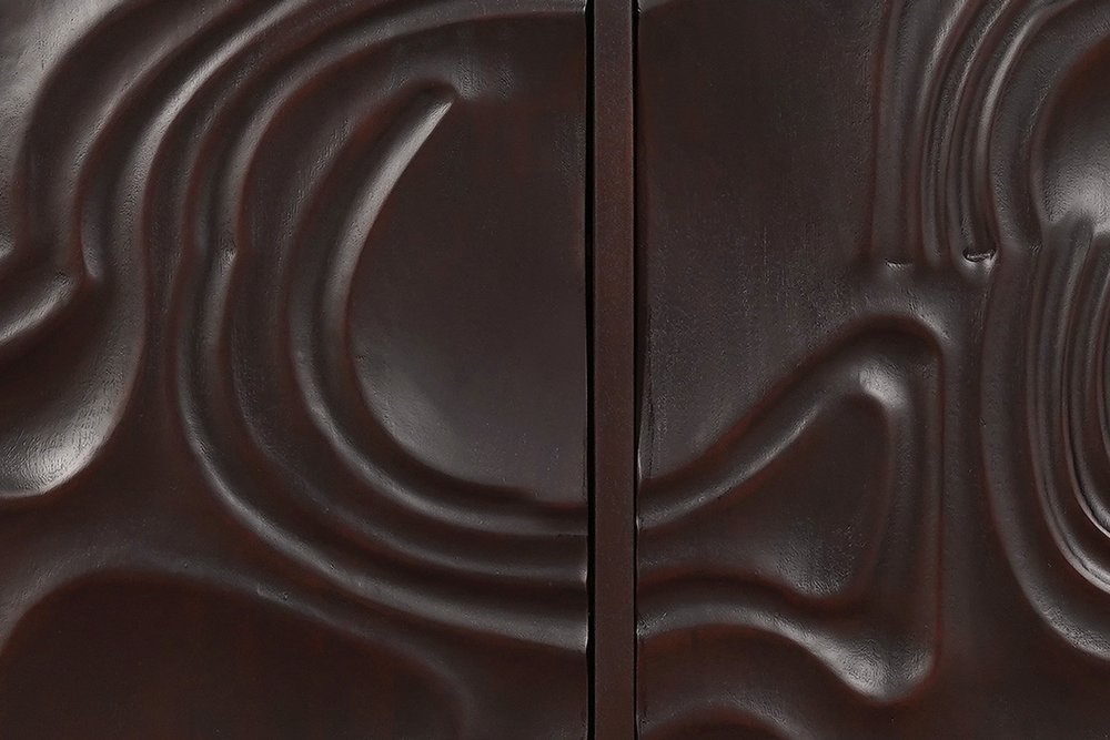 80" Dark Brown Solid Wood Carved Abstract Sideboard with Four Doors