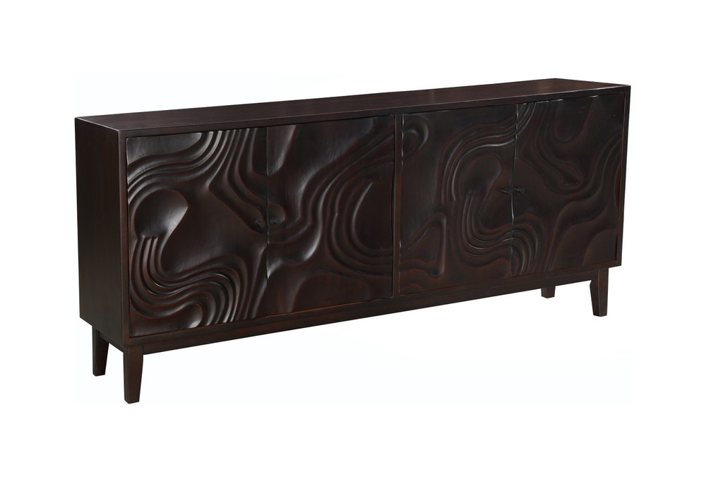 80" Dark Brown Solid Wood Carved Abstract Sideboard with Four Doors