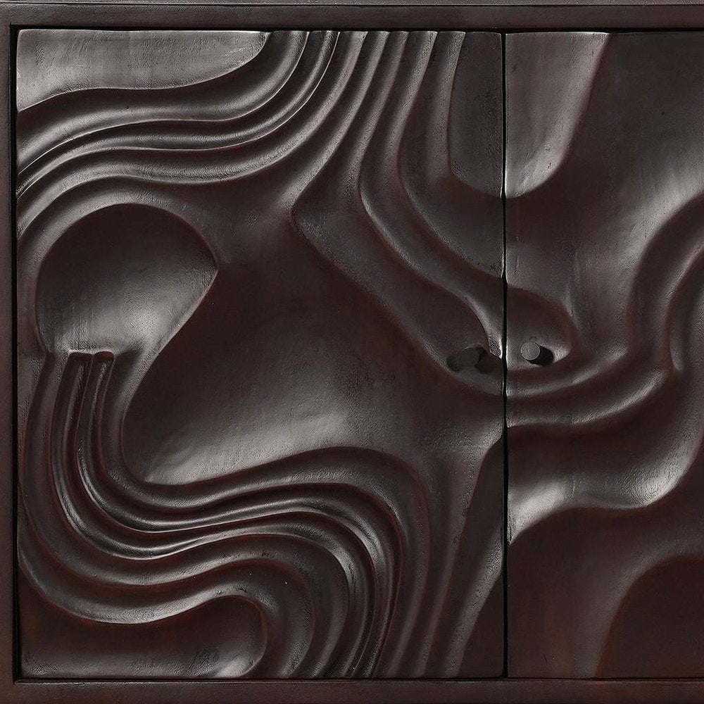 80" Dark Brown Solid Wood Carved Abstract Sideboard with Four Doors