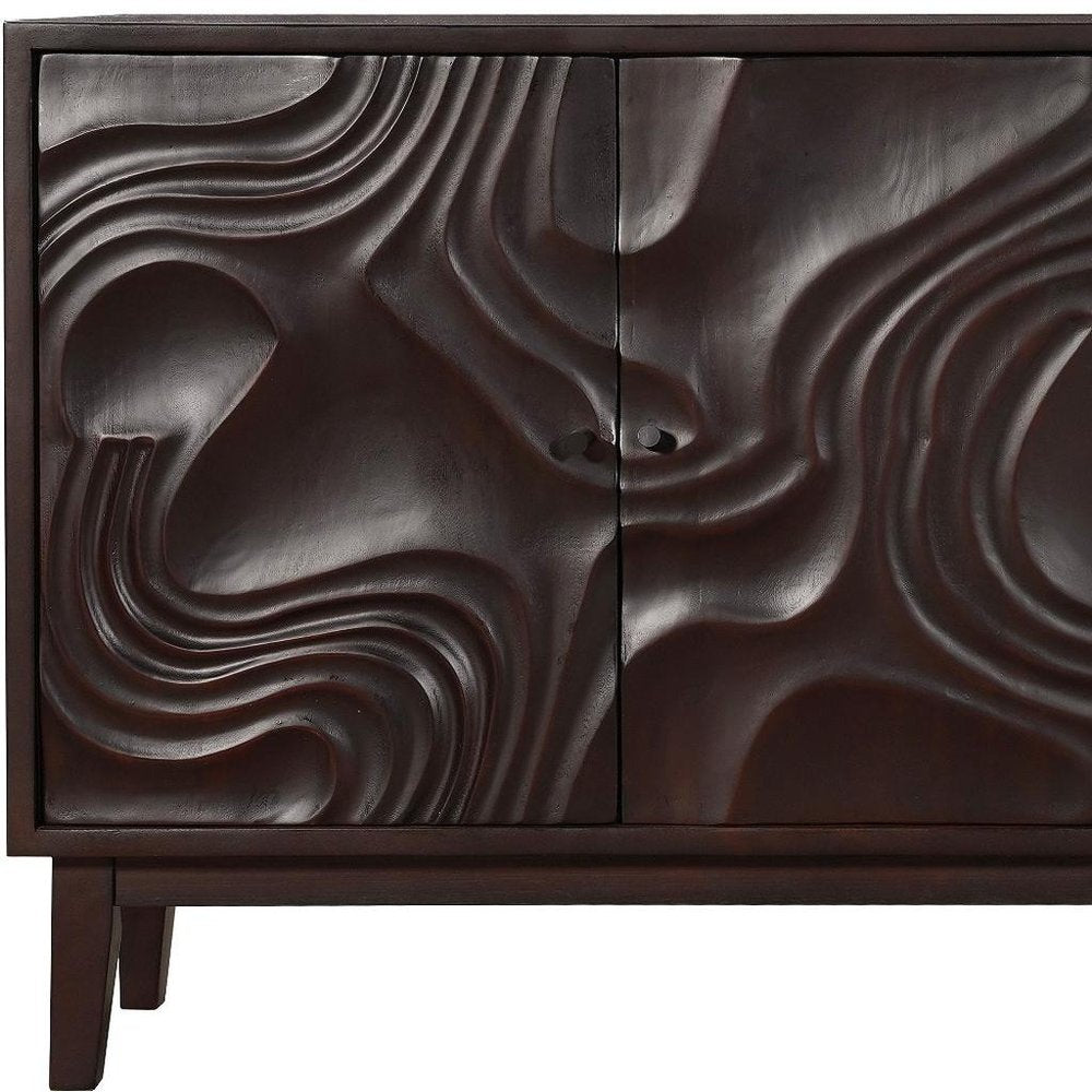 80" Dark Brown Solid Wood Carved Abstract Sideboard with Four Doors