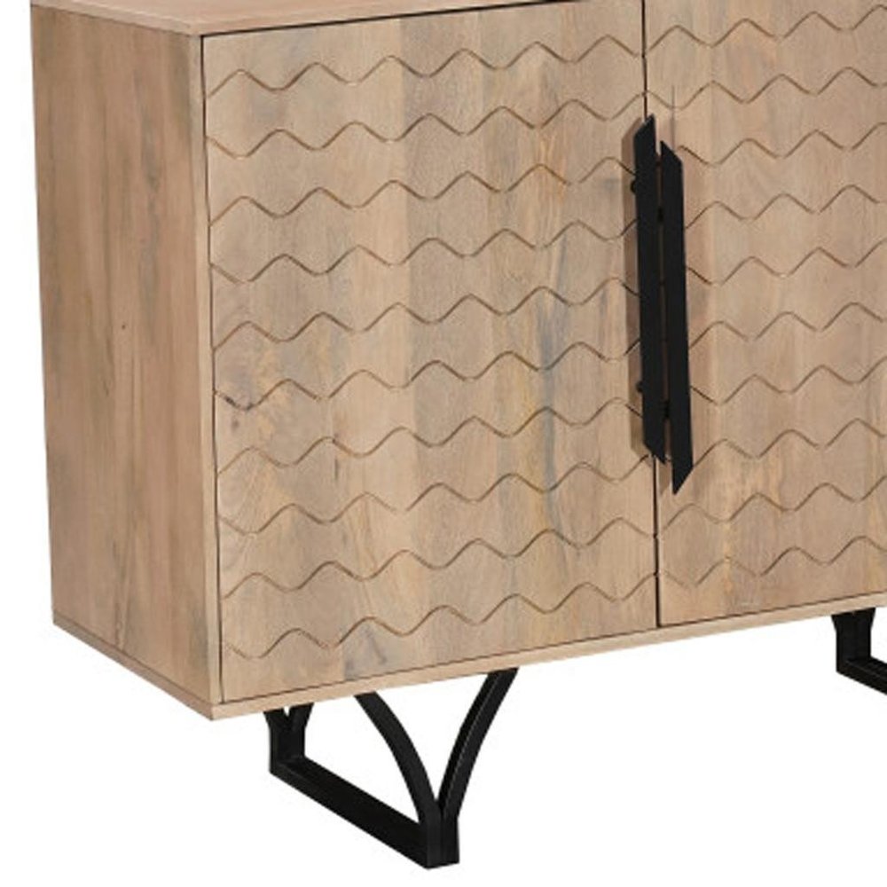 84" Beige Solid Wood Carved Geometric Sideboard with Four Doors