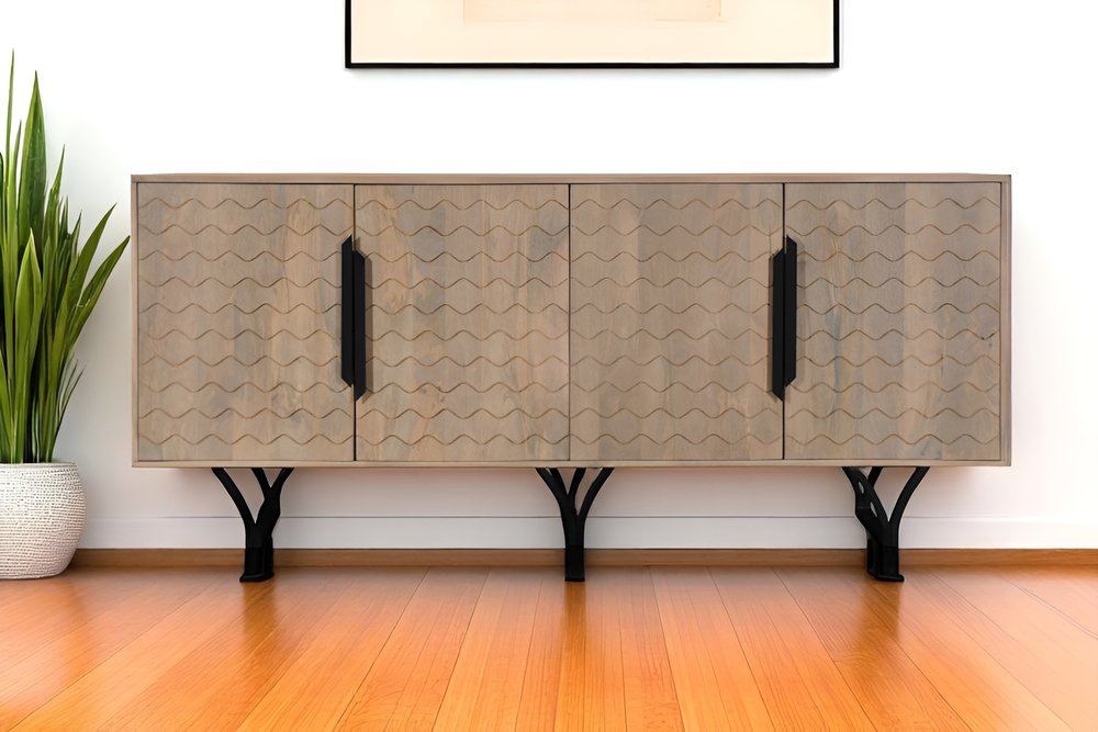 84" Beige Solid Wood Carved Geometric Sideboard with Four Doors