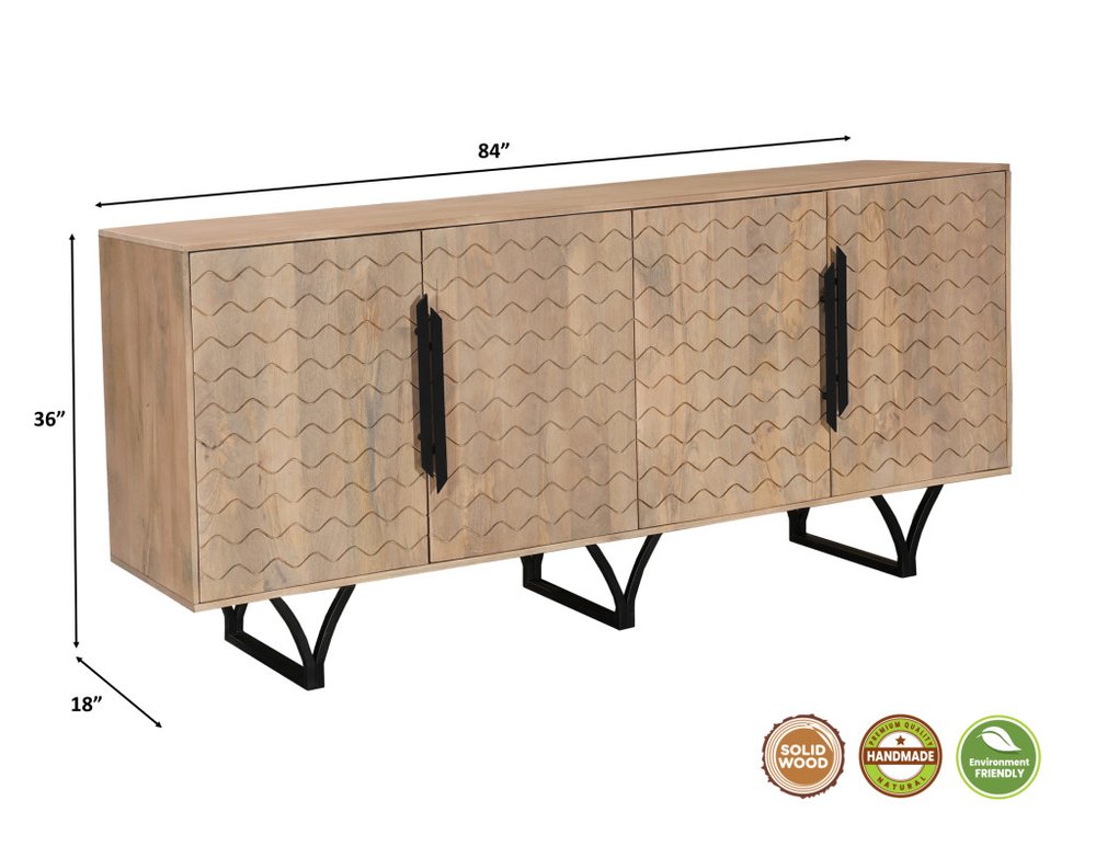 84" Beige Solid Wood Carved Geometric Sideboard with Four Doors