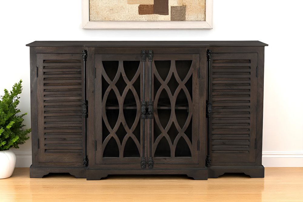 70" Dark Brown Solid Wood Carved Geometric Sideboard with Four Doors