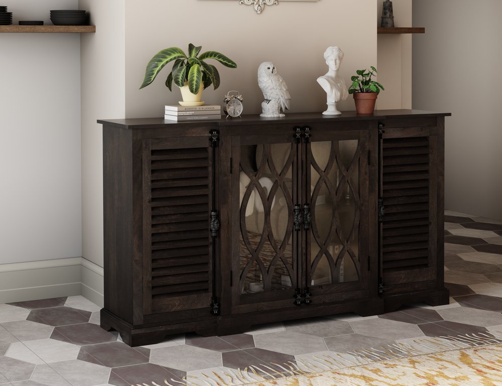 70" Dark Brown Solid Wood Carved Geometric Sideboard with Four Doors